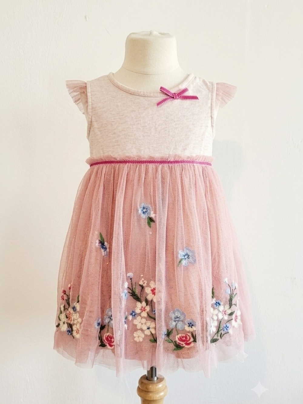 Monsoon Pink Floral Embroidered Tulle Dress with Ribbon Detail. 12-18 months